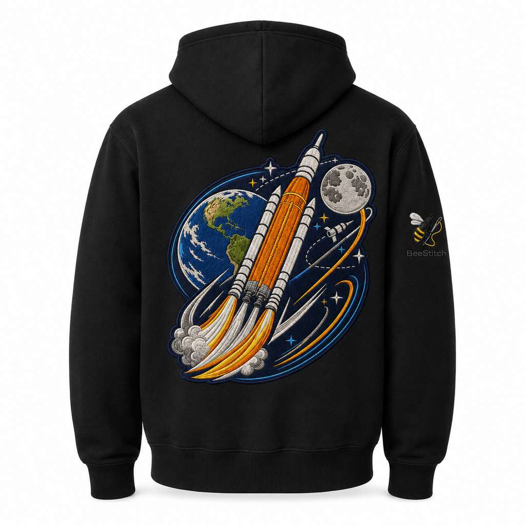 BeeStitch Space Hoodie LIFTOFF - Schwarz mit Bestickungen