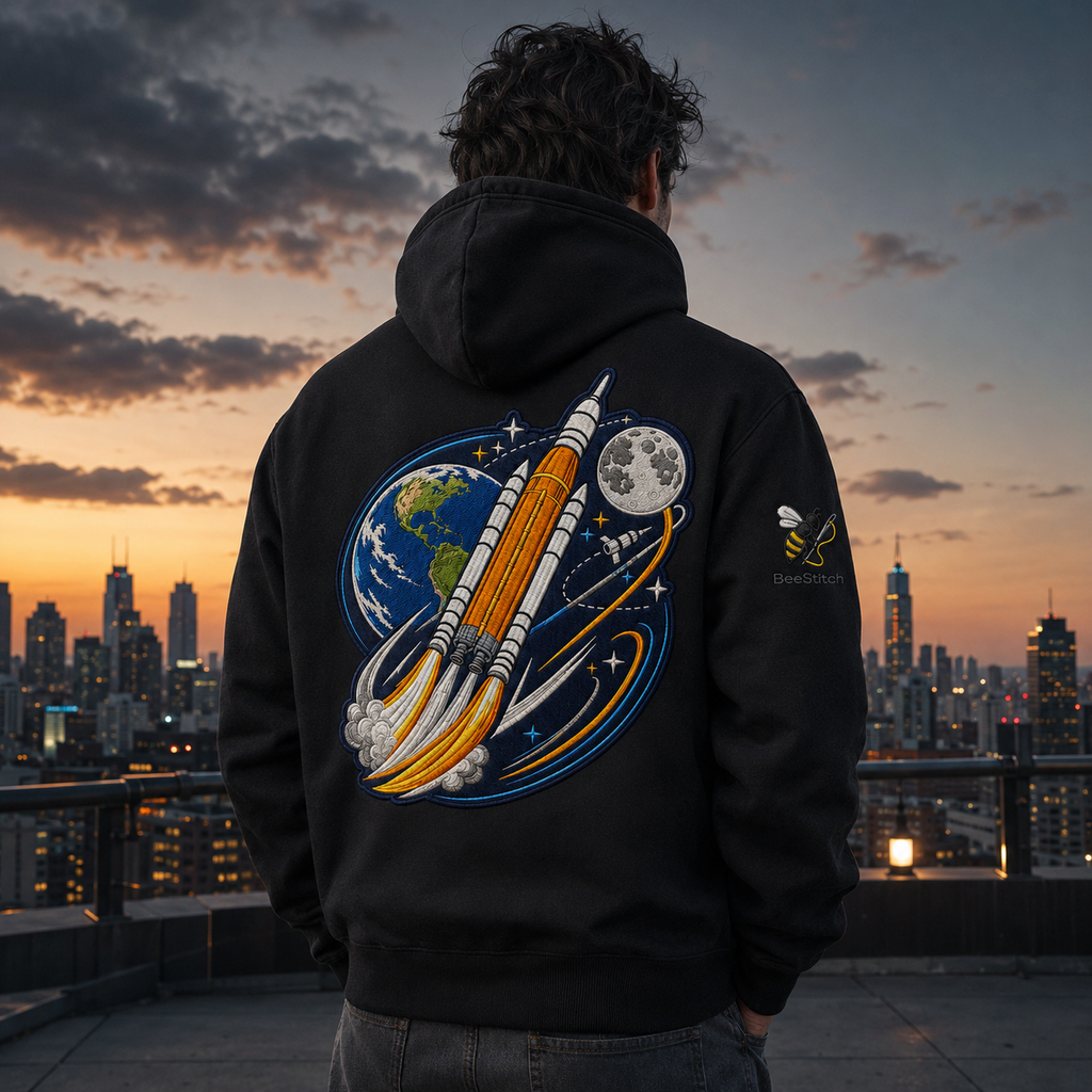 BeeStitch Space Hoodie LIFTOFF - Schwarz mit Bestickungen