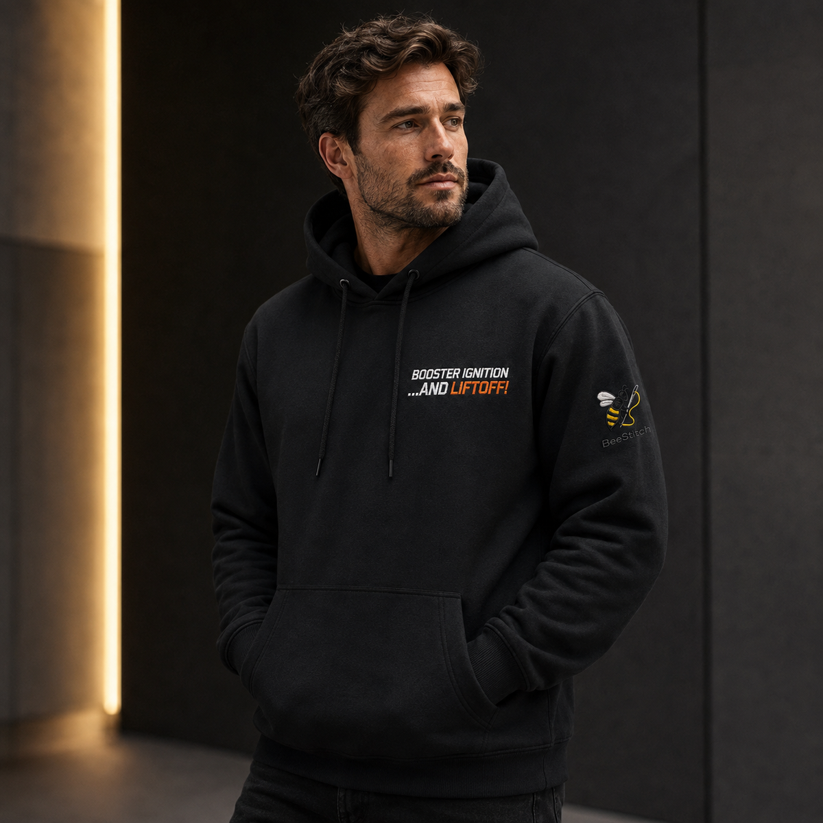 BeeStitch Space Hoodie LIFTOFF - Schwarz mit Bestickungen