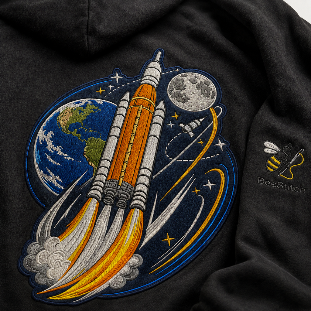 BeeStitch Space Hoodie LIFTOFF - Schwarz mit Bestickungen