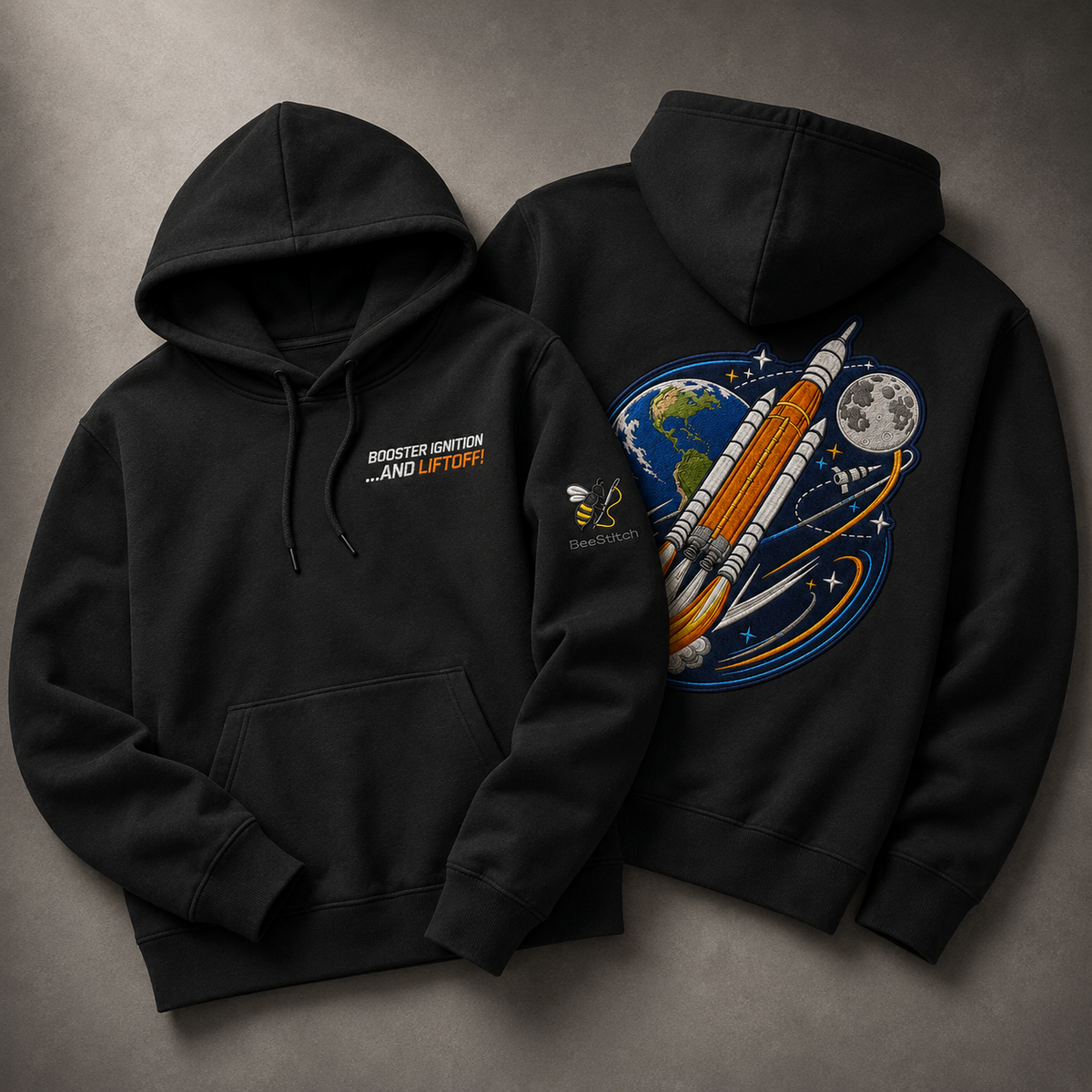 BeeStitch Space Hoodie LIFTOFF - Schwarz mit Bestickungen