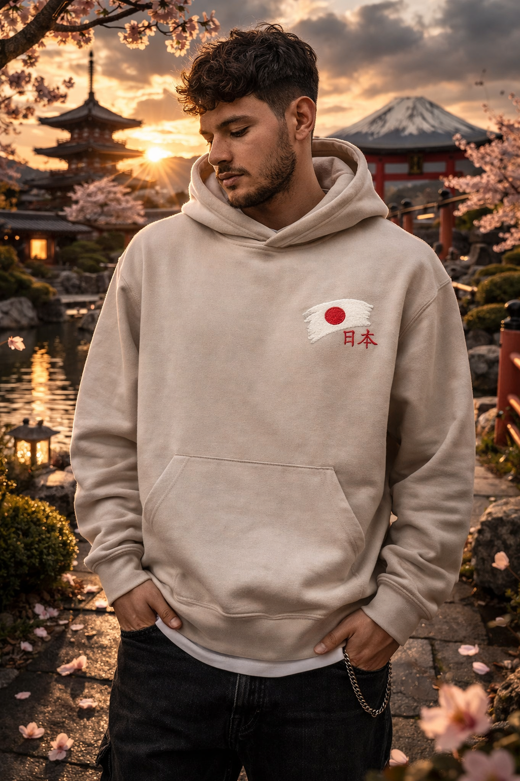 BeeStitch Hoodie JAPAN Style - Cement mit Bestickungen
