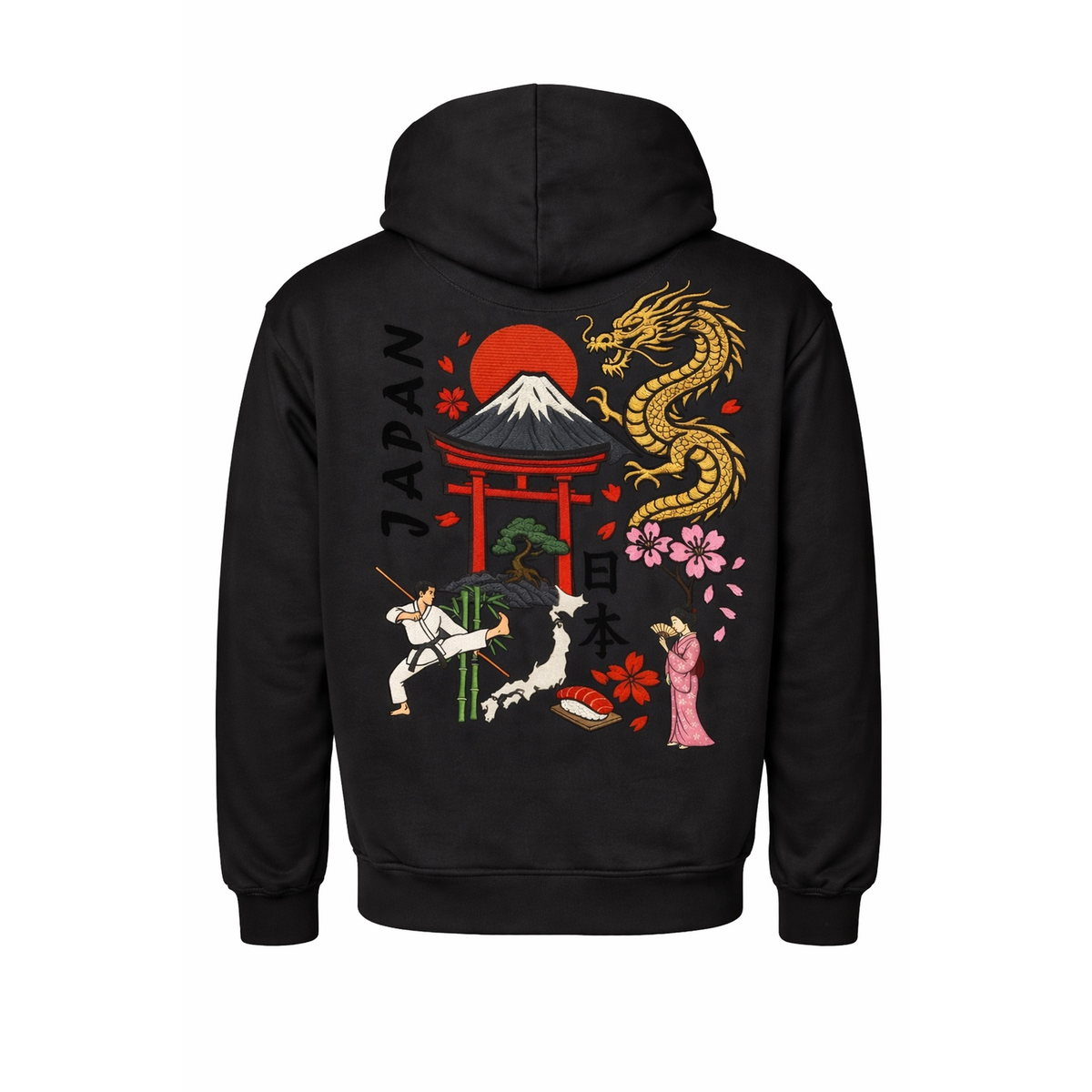 BeeStitch Hoodie JAPAN Style - Black mit Bestickungen