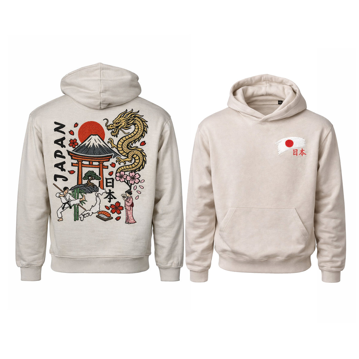 BeeStitch Hoodie JAPAN Style - Cement mit Bestickungen