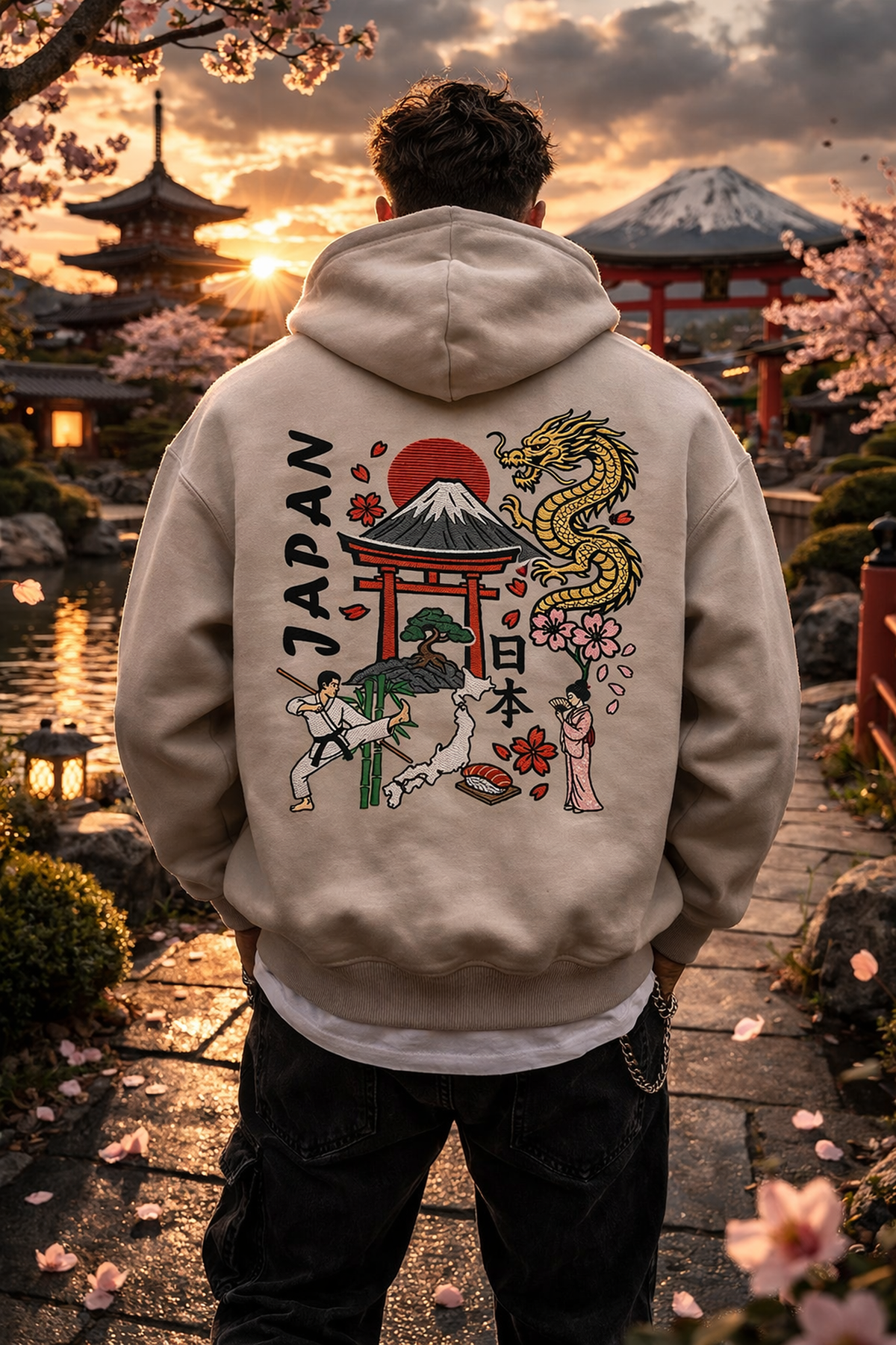 BeeStitch Hoodie JAPAN Style - Cement mit Bestickungen
